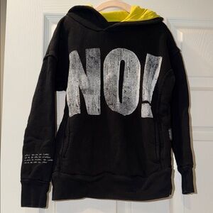 Boys NUNUNU Black Hoodie with Bold "NO!" Graphic and Yellow Lined Hood
